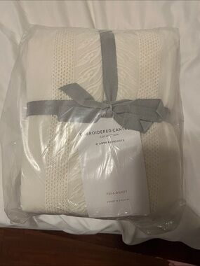 Anthropologie Cream Embroidered Full Duvet with Gray Bow